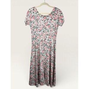 Vintage 80s 90s Rose Floral Empire Waist Midi Dress Cottagecore Romantic Sm-Med
